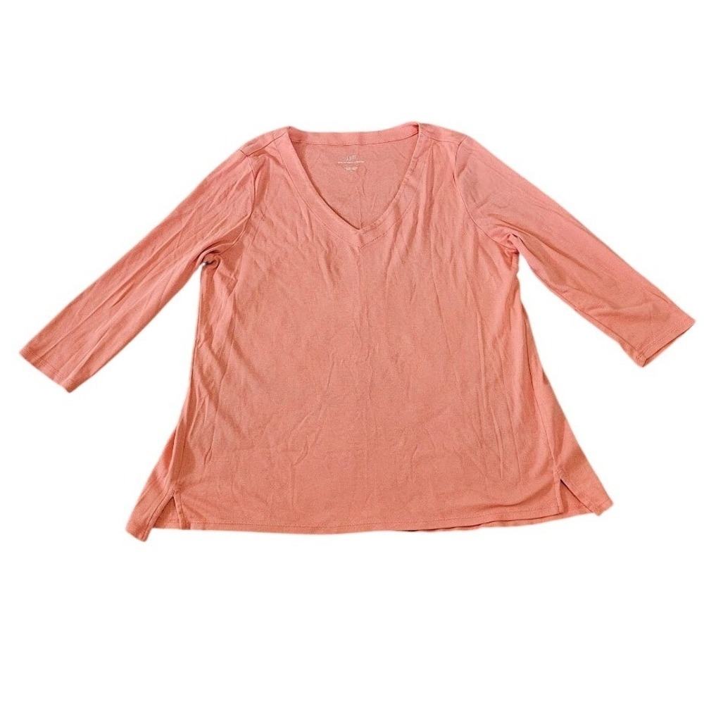 J. Jill Pima 3/4 Sleeve V-Neck Top Women Large Coral Orange Classic Tee Shirt